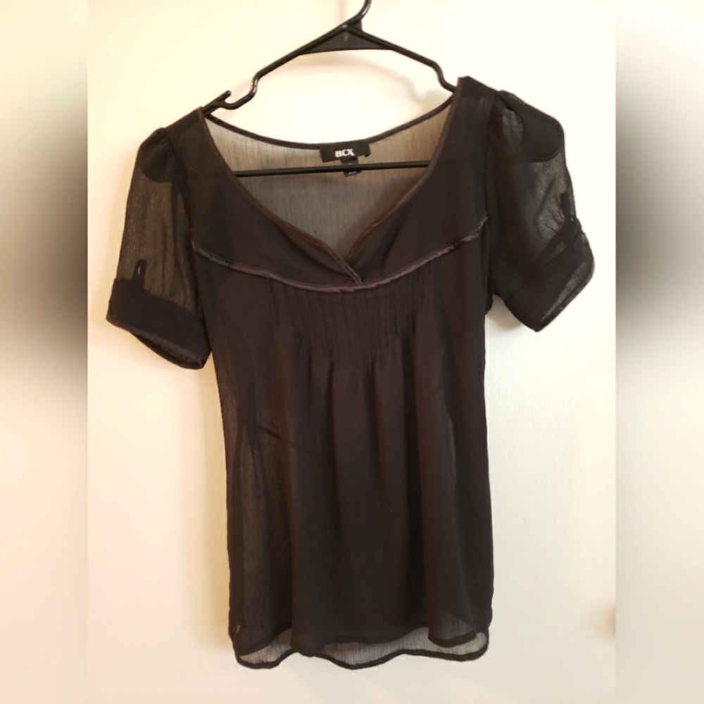 BCX black sheer top w/ short sleeves and subtle chest detail, size Small